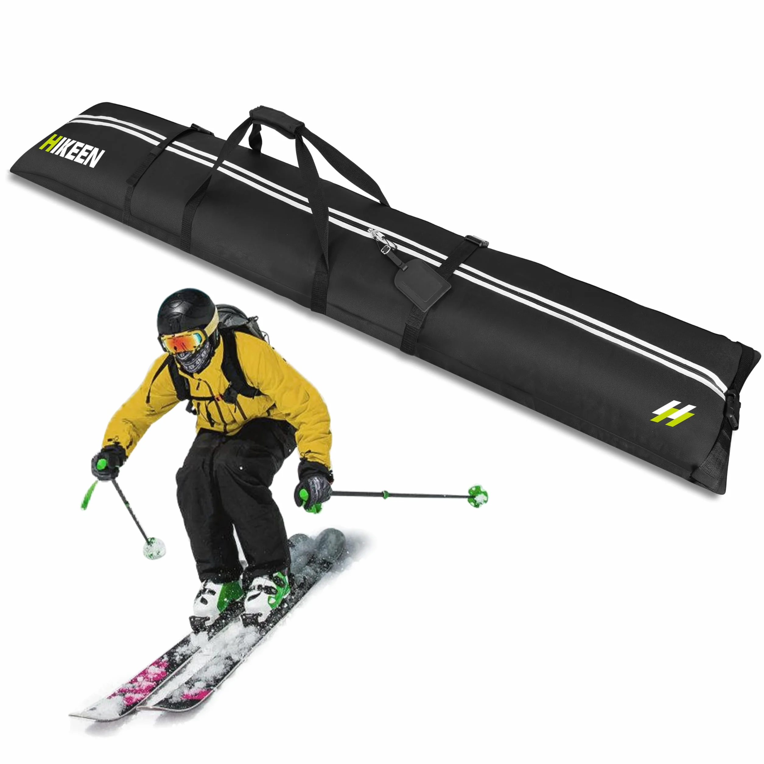 BOOSTEADY Sac de Ski pour 2 Paires de Skis, Housse pour 1 Snowboard avec Bandoulière Rembourrée, Longueur Réglable 210cm, Sac Imperméable