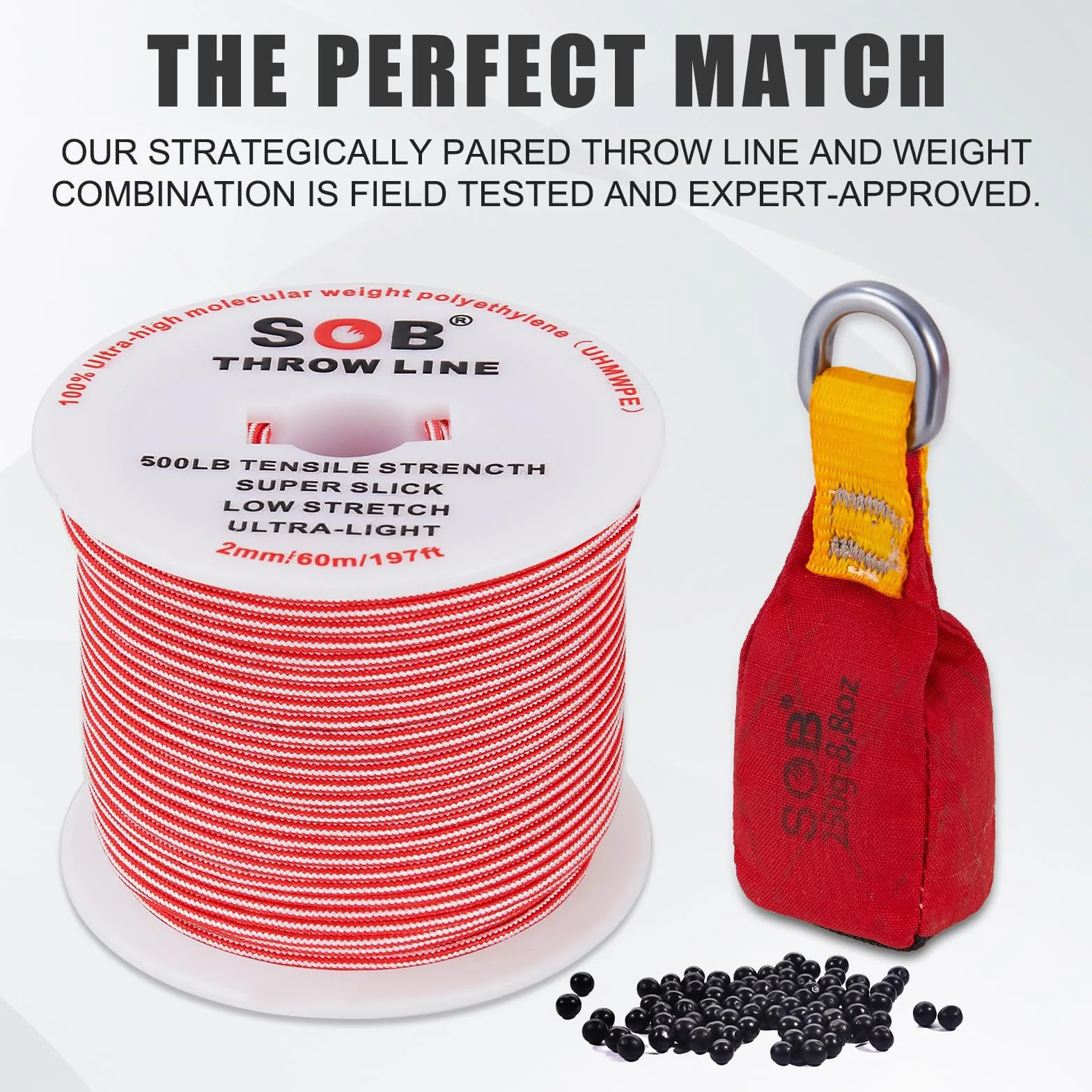 Sac de Lancer avec Ligne de Lancer, Sac de Lancer + Ligne de Lancer de 60m pour l'escalade des Arbres, Le Travail des Arbres, l'alpinisme (Rouge, 250g)