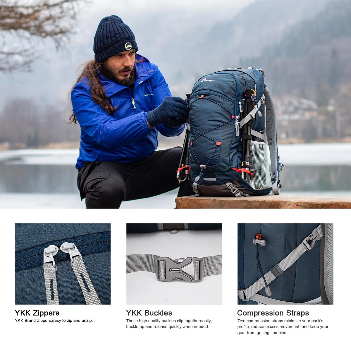 MOUNTAINTOP Sac à dos de randonnée 40 l résistant à l'eau Sac à dos de trekking pour homme et femme Sac à dos de voyage 55 x 35 x 25 cm