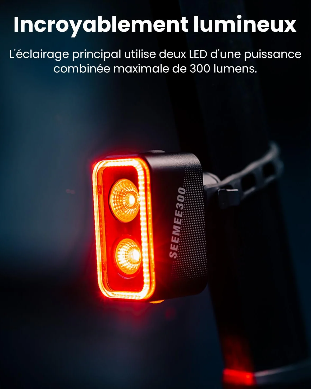 Feu arrière de vélo SEEMEE 300, 300 lumens, 5 Modes Nuit et Jour, capteur de freinage Intelligent, étanche IPX6, Rechargeable par USB-C, pour la Conduite de Nuit