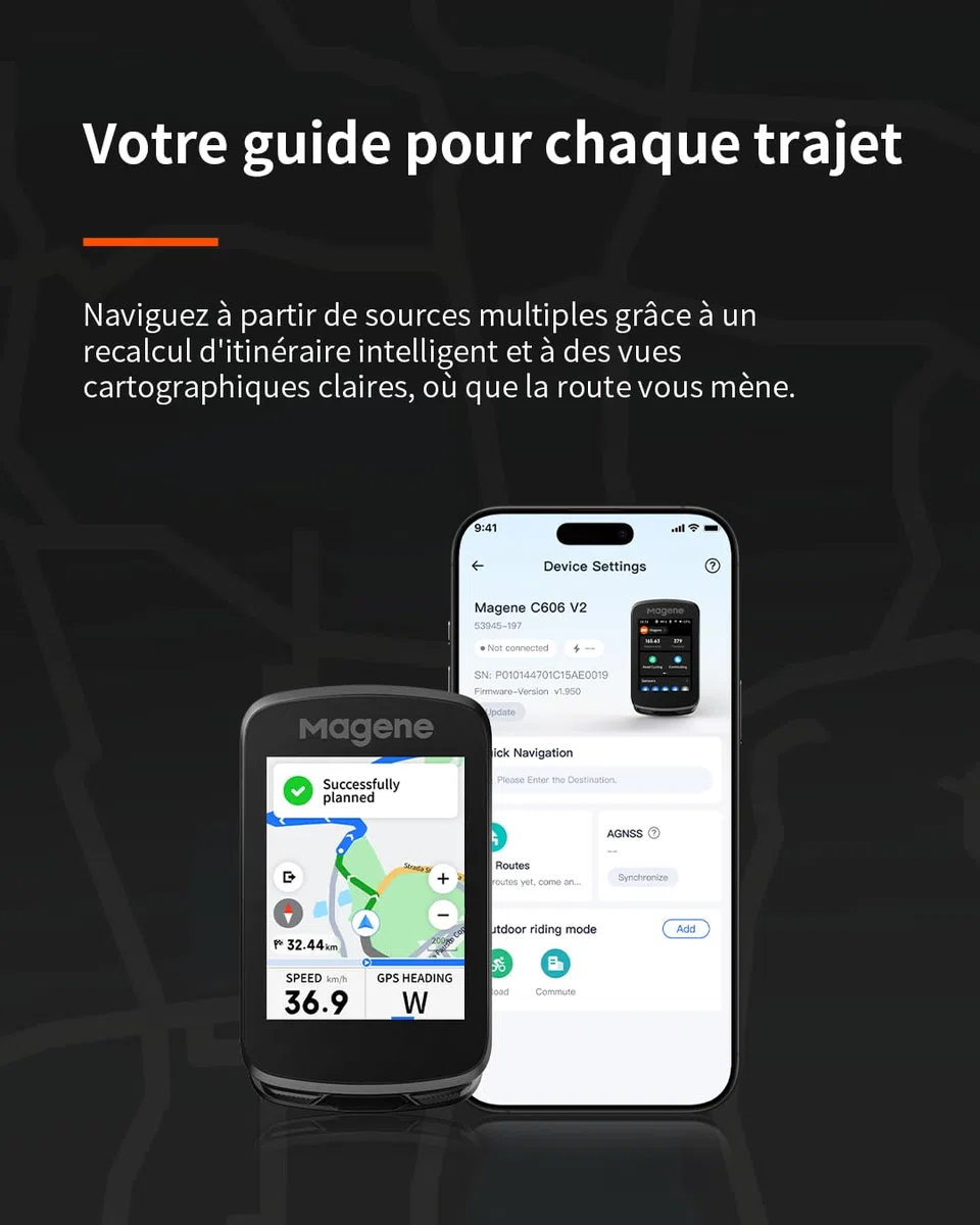 Magene C606/C606 V2 Compteur GPS vélo, Multi-Scenario ClimbPro, Transfert de données Wi-FI et Bluetooth, Replanification d'itinéraire, Affichage des données Personnalisable