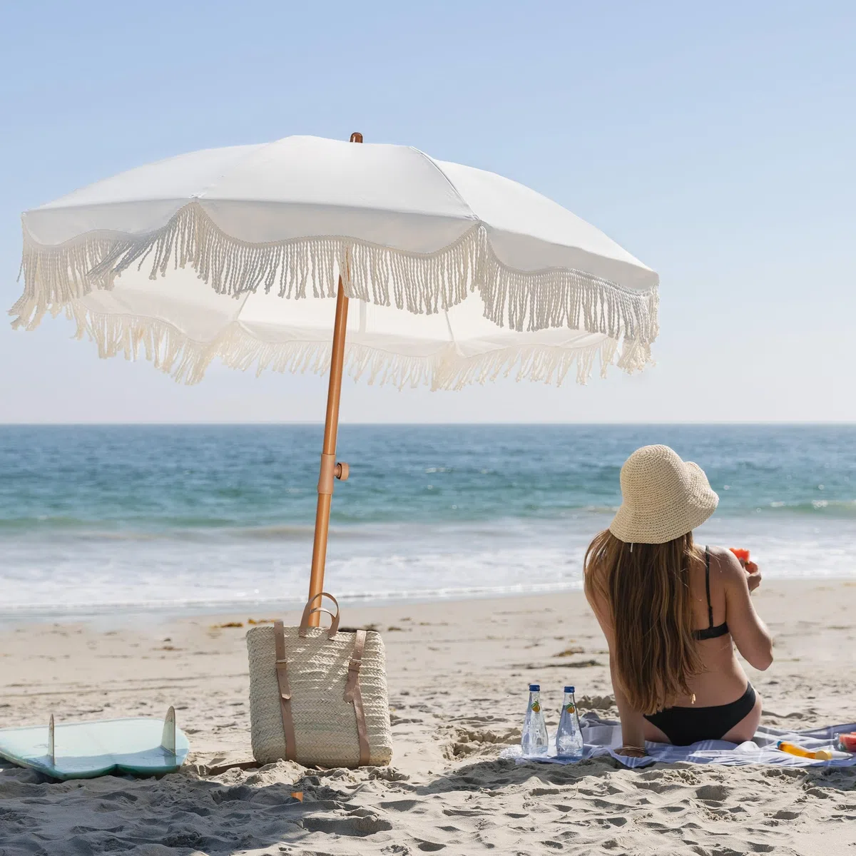 Parasol à Frange, Parasol Plage Parasol de Pique-Nique Boho à Franges, 2 m, UPF 50+, avec Pompons, mât en Acier et Bouton-Poussoir inclinable