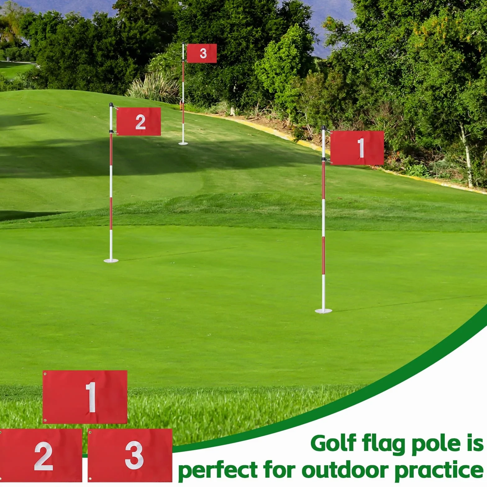 Lot de 3 drapeaux de golf verts de 188 cm, drapeaux de golf pour cour, golf, drapeau pour terrain de conduite, lot de 3