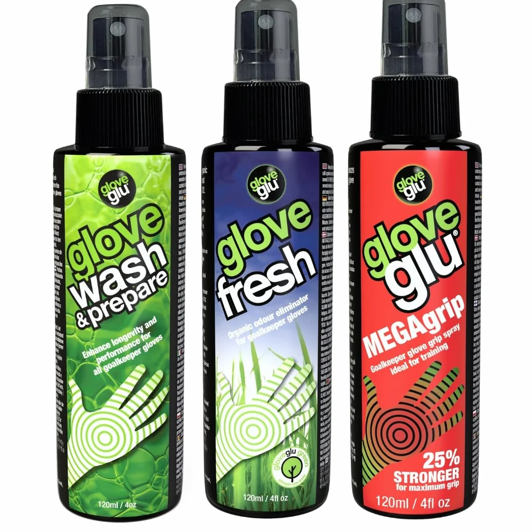 gloveglu MEGAgrip Système d'entretien des gants, Ensemble de gardien de but en 3 étapes, Gloveglu MEGAgrip, Lavage et préparation des gants, Glove Fresh, 3 x 120 ml de sprays pour gants
