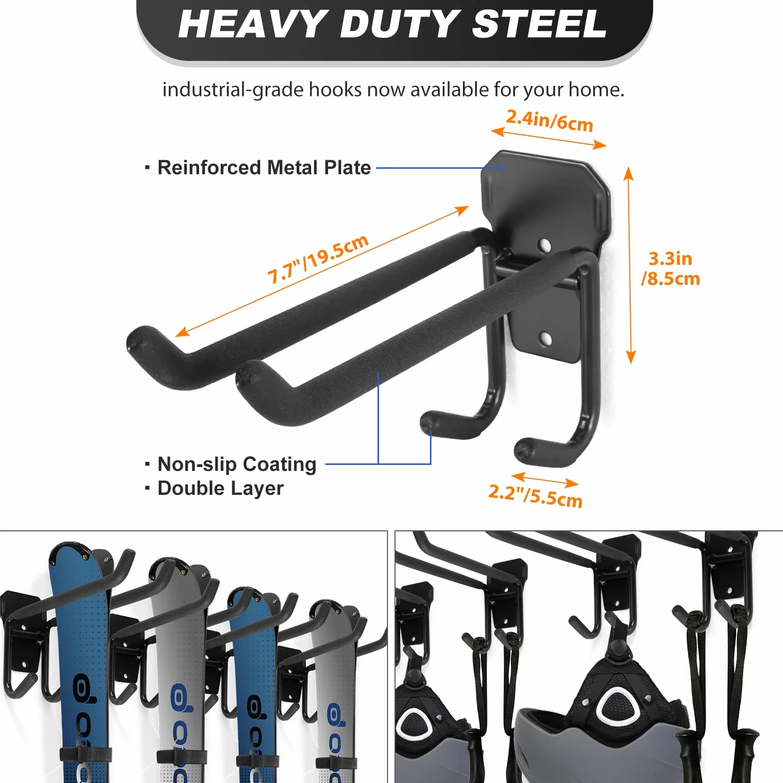 Odoland Kit de Support Rangement pour Skis Peut Contenir 4/2 Paires Snowboards, 4/2 Supports de Stockage Mural avec 8/4 Sangles en Velcro, Support Mural Skis pour Maison et Garage