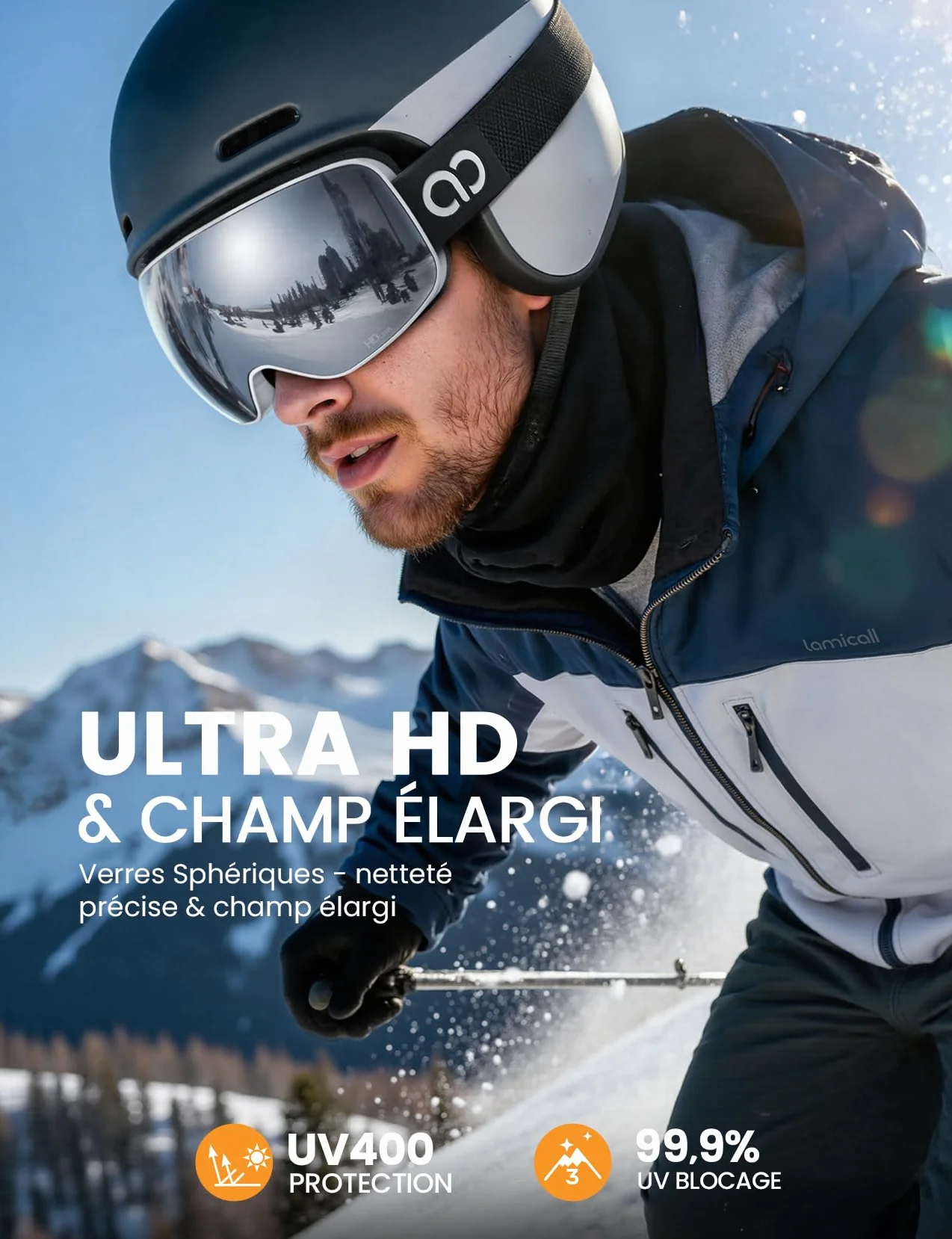 Lamicall Lunettes de Ski Homme, Masque Ski OTG - [Ultra HD Verre Sphérique & Anti-Buée Breveté] Lunettes de Snowboard, UV400 Protection, Vision Plus Large, Ski Goggles Femme pour Sports Hiver