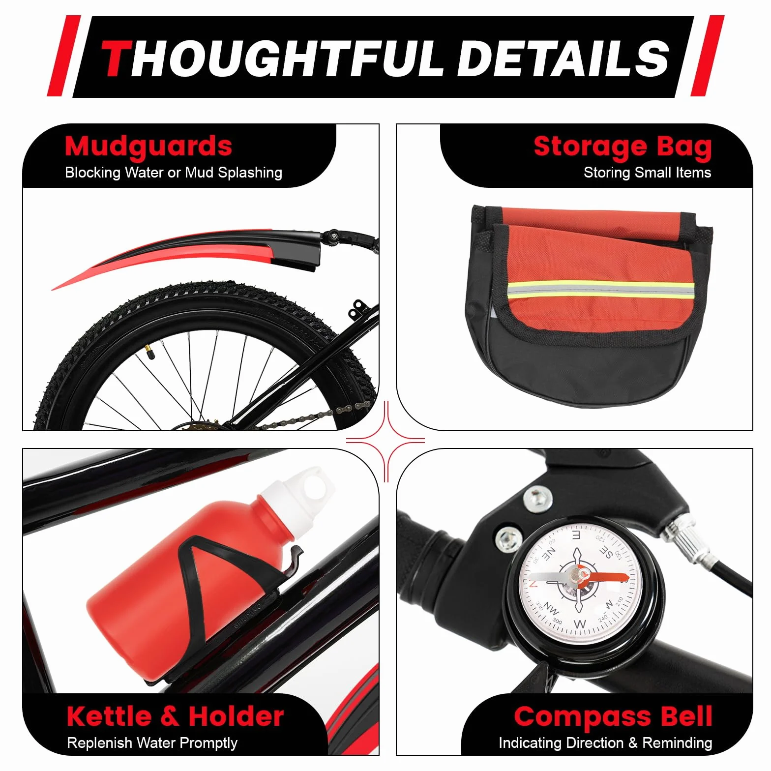 VTT 20" à 7 vitesses moderne, pour garçons et filles de 8 à 13 ans, VTT avec 4 gardes, support, cloche de boussole, sac de rangement pour bouteille d’eau, capacité de charge 85 kg, cadre
