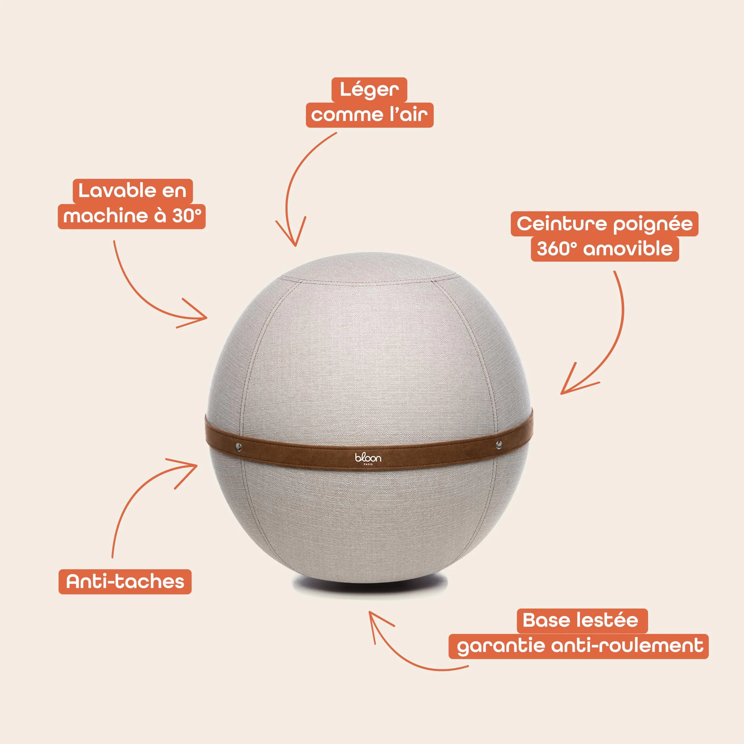 Bloon Siège Ballon Bureau Ergonomique Premium| Déperlant, Anti Mal de Dos, Anti-dérapant, Anti-tâches & Ultra-résistant | Fait à la Main au Portugal | Couleur Gris Silice | 55 cm