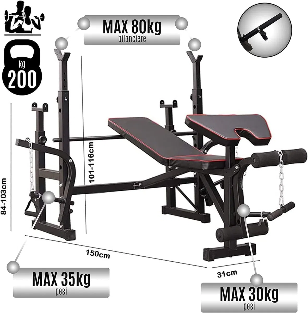 FFitness Banc multifonction pour salle de sport avec barre de 180 cm, banc de musculation réglable, station de remise en forme avec barre droite