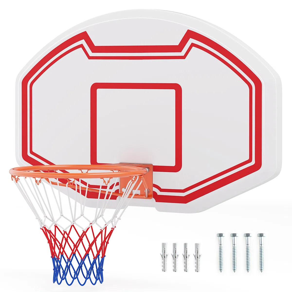 COSTWAY Panier de Basket Mural 45 cm avec Panneau Incassable, Panier Basket-Ball avec Filet Anti-Déchirure pour Adolescents Adultes Intérieur/Extérieur, 91 x 61 cm, Blanc+Rouge