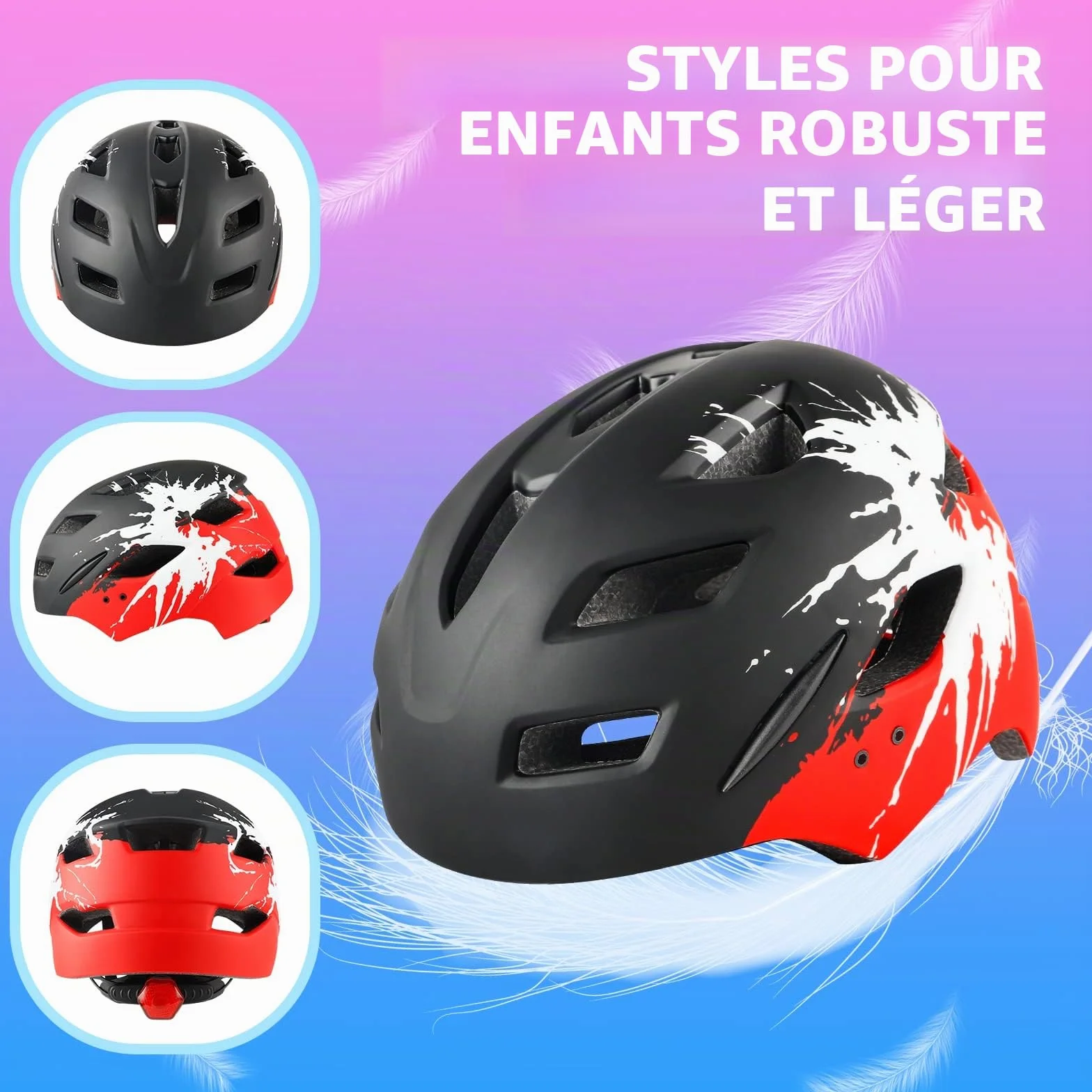 Casque de vélo Enfants 4-15 Ans léger avec feu arrière Cadran réglable visière Amovible 48-56 cm