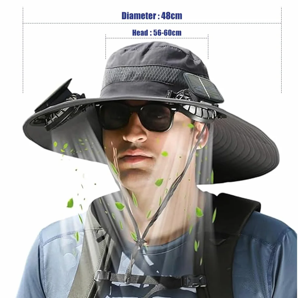 Chapeau de Soleil, Chapeau de Pêche avec 2 Ventilateur Solaire, Chapeau de Fan Solaire à Bord Large, Générique Chapeau de Fan Solaire pour Activités de Plein Air comme la Randonnée Jardinage