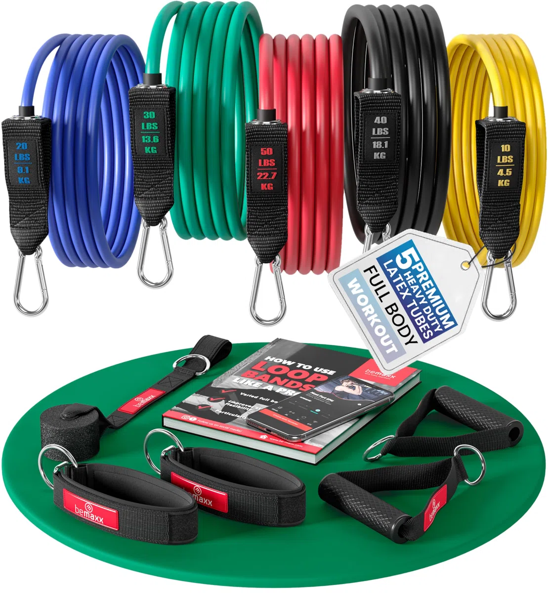 Kit Élastique Musculation Fitness + Guide Exercices, 5X Bandes de Résistance Tubes Professionnels + Poignées, Ancre de Porte, Sangles Pied | Entraînement Tractions Bras Jambes Haltere, Femme Homme