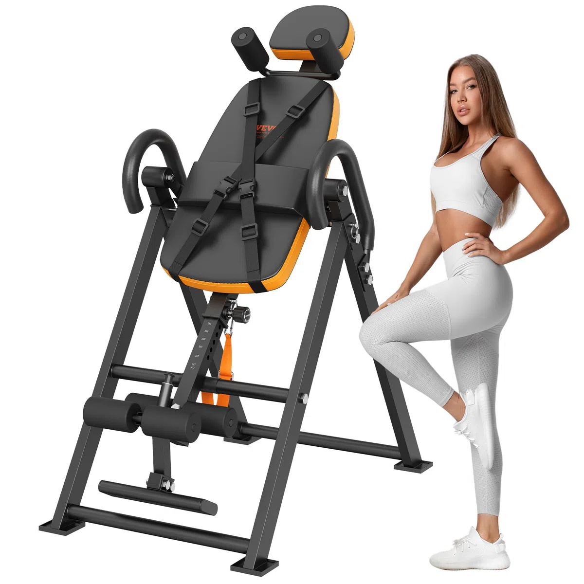 VEVOR Table d'Inversion Charge 136 kg, Banc d'Inversion avec Appui-Tête, Machine d'Étirement du Dos par Décompression, avec Verrouillage de Cheville Ceinture de Protection, Musculation, Orange/Noir
