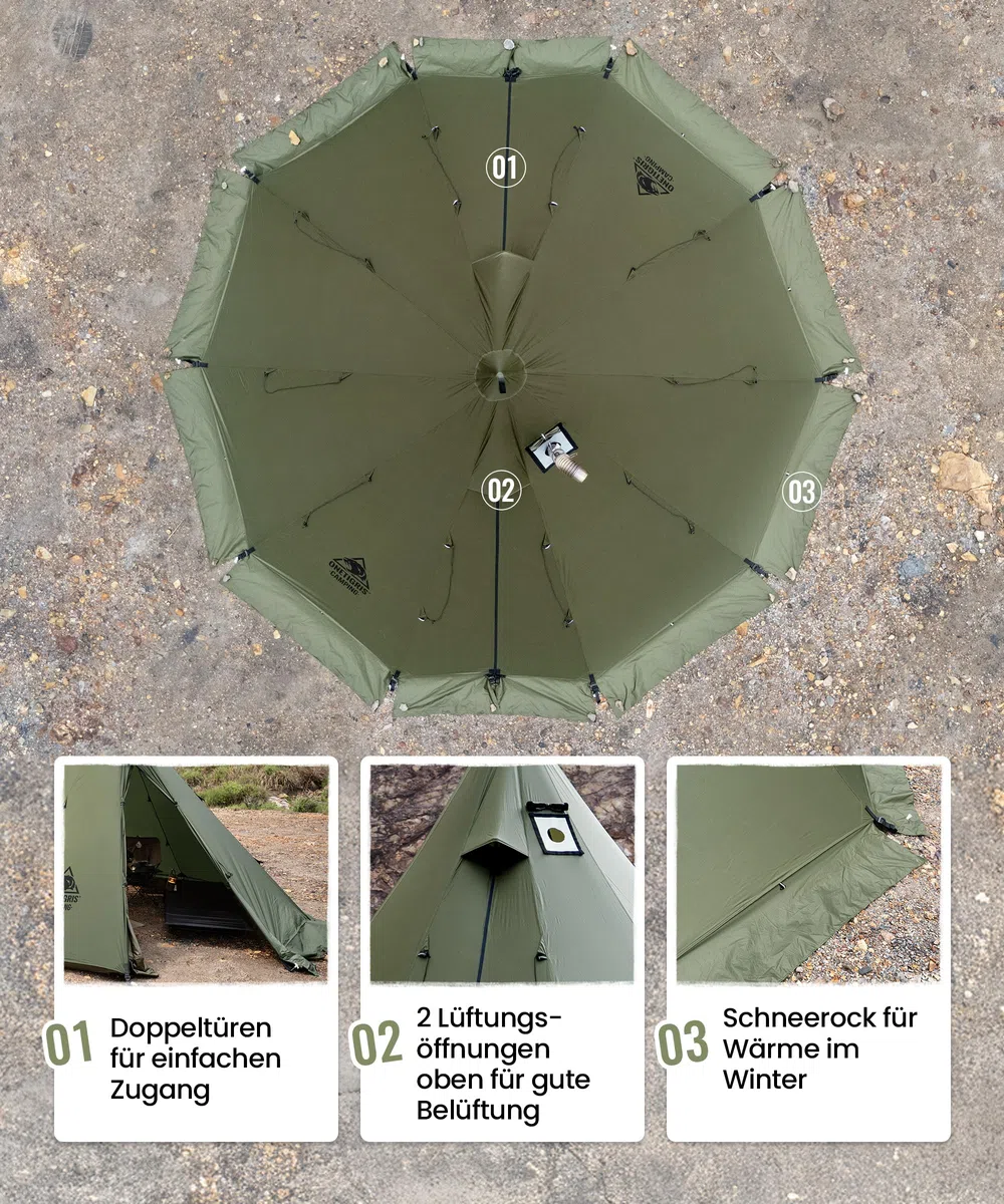 OneTigris Rock Fortress Tente tipi pour 4 à 6 personnes - Tente pyramidale avec mât de tente - 4 saisons - Colonne d'eau de 3000 mm - Pour l'extérieur, le camping, la randonnée, le trekking (vert
