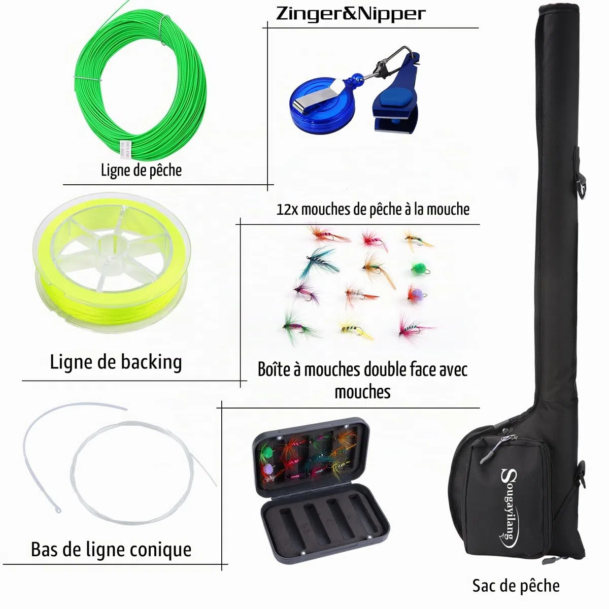 Sougayilang Kit de démarrage standard pour pêche à la mouche - 5/6" - Poids : 22,9 cm - Avec poignée Superpolymère - Accessoires - Moulinet CNC - Sac de transport