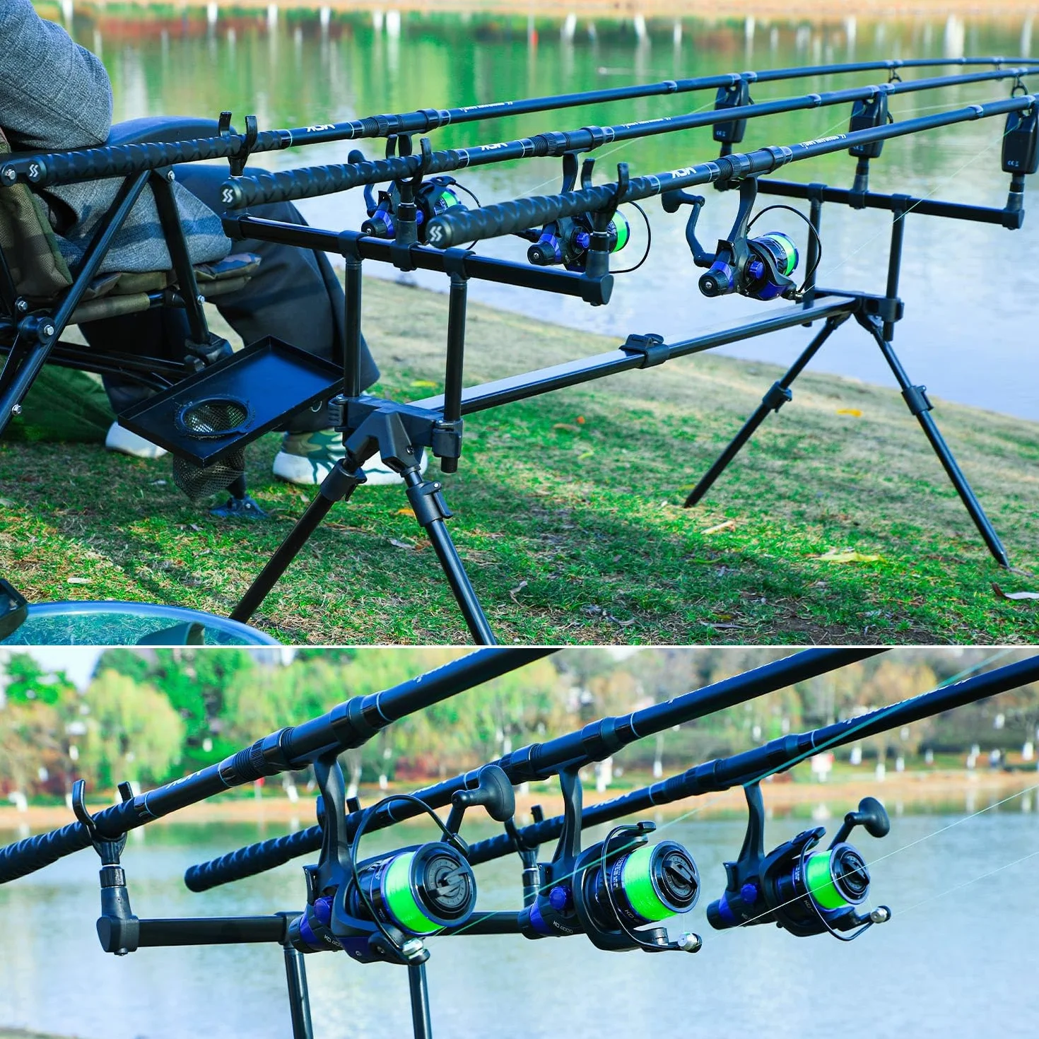 Sougayilang Ensemble de pêche à la carpe, 3 cannes de 3,3 m + moulinets série 4000, détecteurs de morsure, support de canne réglable, kit complet pour lacs et rivières à la carpe