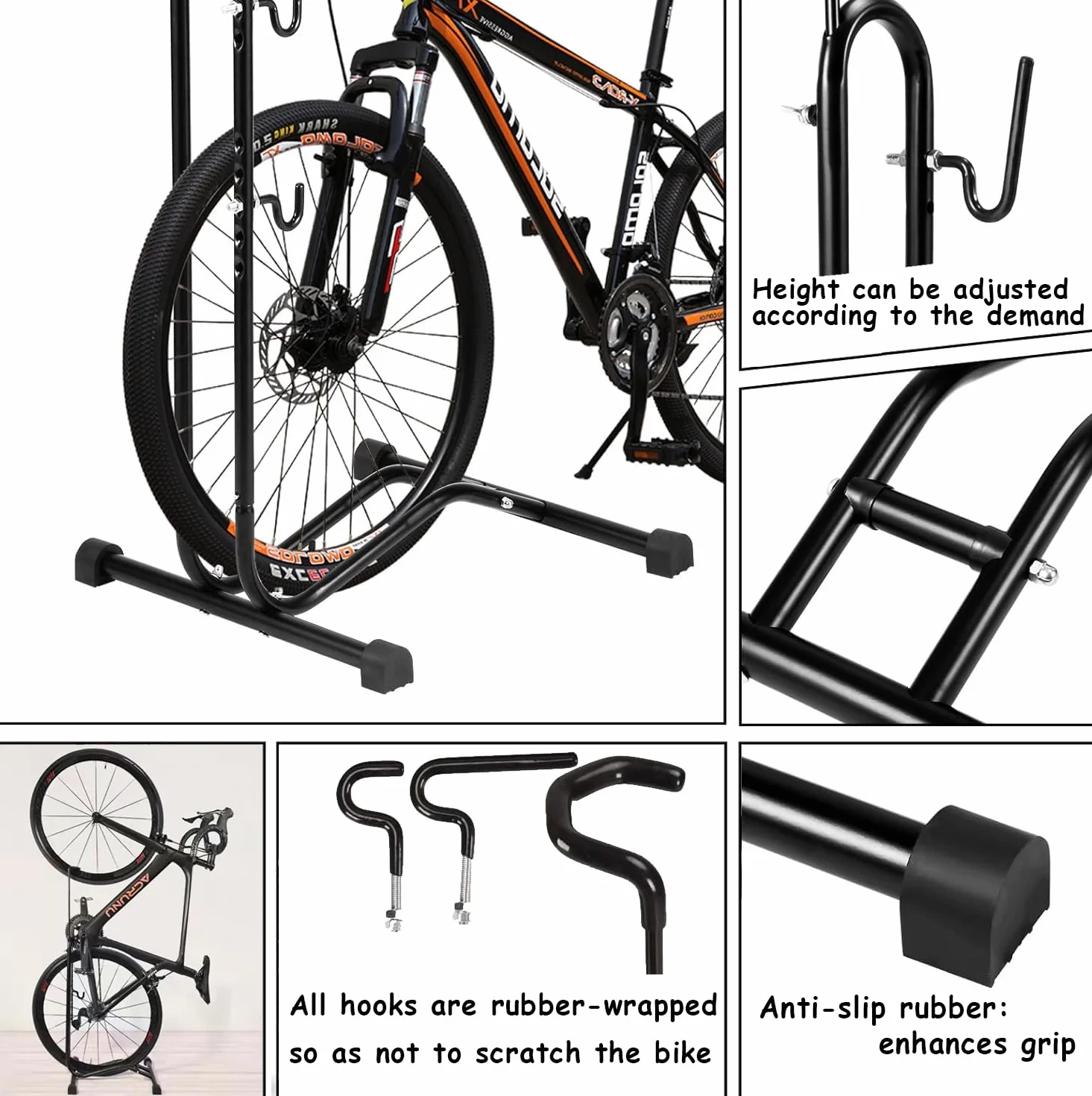 Support 3 en 1 pour vélo sur pied - Support de stationnement vertical pour vélo de montagne, vélo de route, vélo avec diamètre de roue max 73,6 cm…