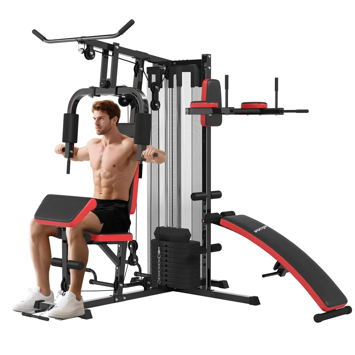 SPORTNOW Station Multi Gym avec Poids de 65 kg, Équipement de Musculation avec Banc pour Abdominaux, Support pour Pompes, Station de Dips, Réglable, pour Entraînement Complet