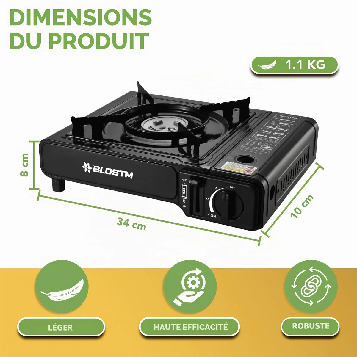 BLOSTM Réchaud à gaz portable de camping – Réchaud de camping à brûleur unique avec système d'allumage automatique, contrôle de la température, utilisation avec butane ou GPL, petite plaque de cuisson