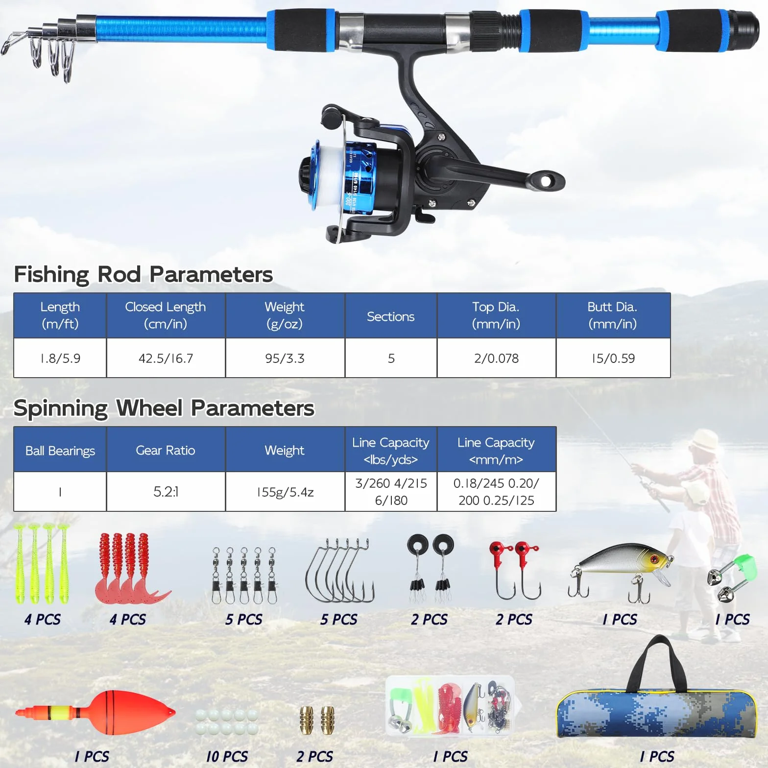 Kit de Canne à Pêche pour Enfants,180cm Combo Télescopique Canne et Moulinet pour Débutants avec Moulinet Spincast, Equipement de Pêche, Kit Peche pour Garçons, Filles, Tout-Petits