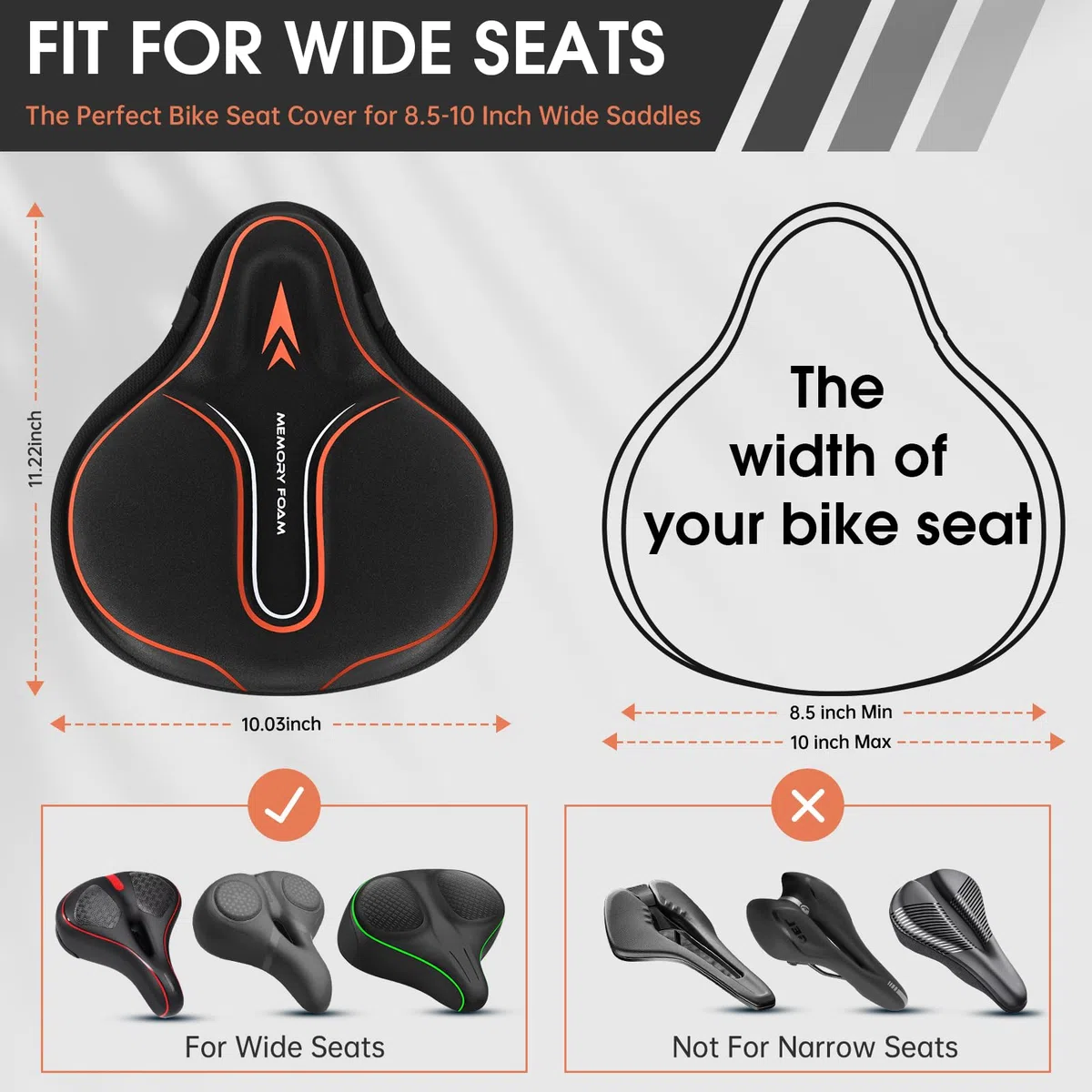 MSDADA Housse de siège de vélo en Mousse à mémoire de Forme rembourrée, Coussin de vélo Doux pour Homme et Femme, Accessoire de vélo Confortable pour vélo, extérieur et intérieur (Orange)