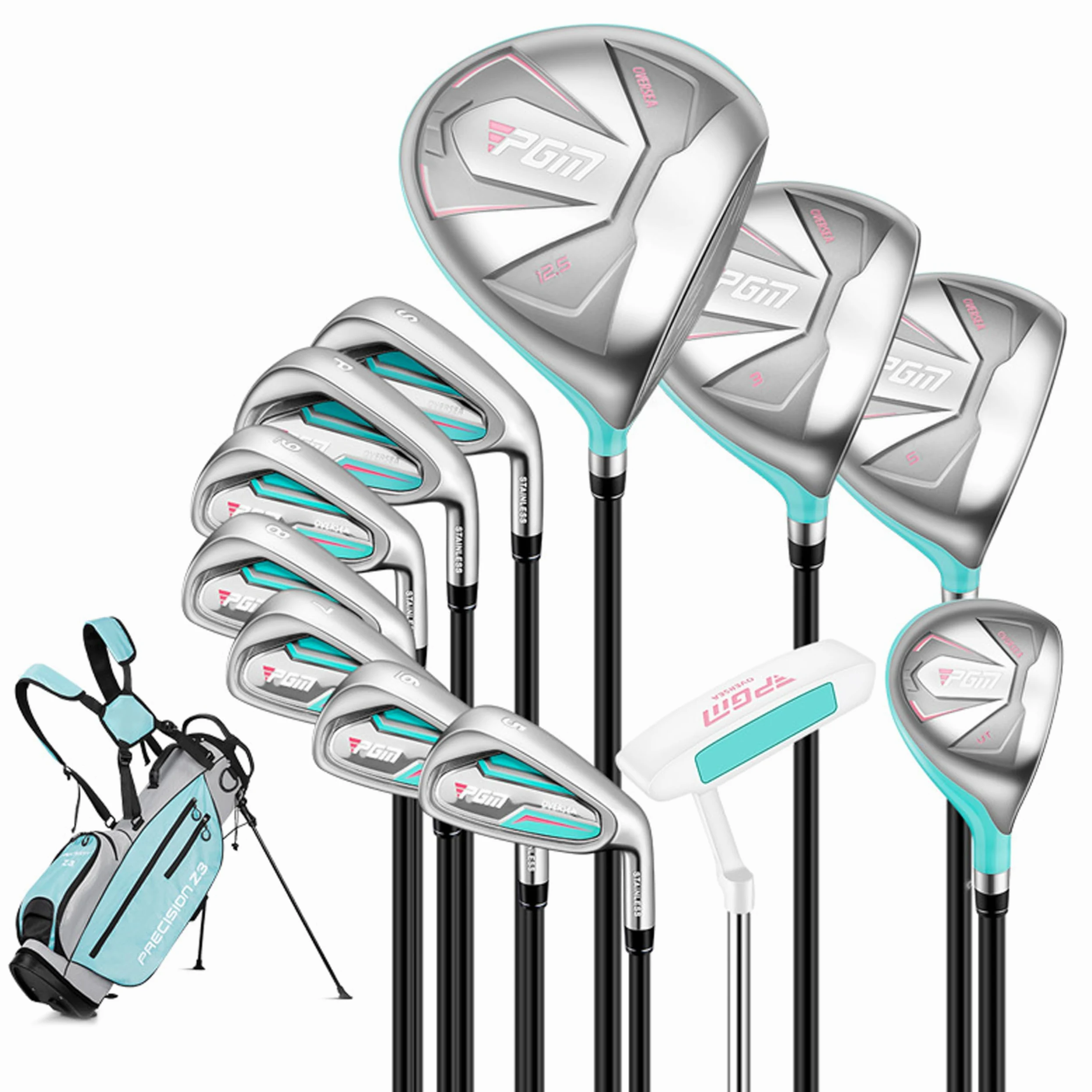 PGM Ensemble de clubs de golf pour femme avec 12 clubs – 4 bois (#1, 3, 5, 4H), 7 fers (#5, 6, 7, 8, 9, PW, SW) et 1 putter – Sac de support de golf