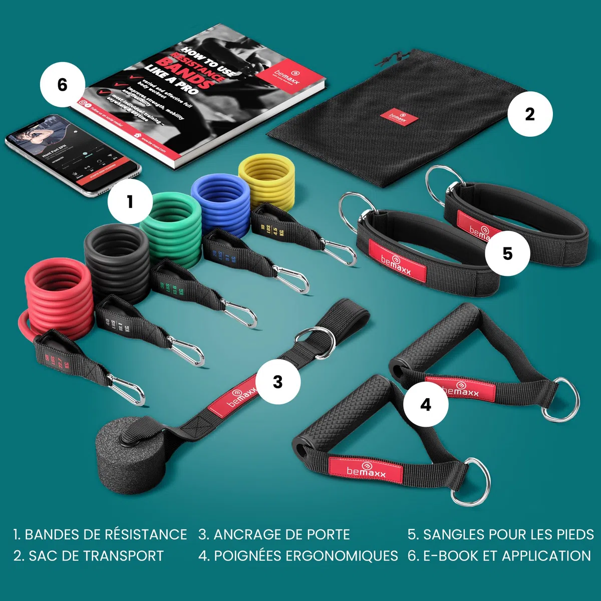 Kit Élastique Musculation Fitness + Guide Exercices, 5X Bandes de Résistance Tubes Professionnels + Poignées, Ancre de Porte, Sangles Pied | Entraînement Tractions Bras Jambes Haltere, Femme Homme