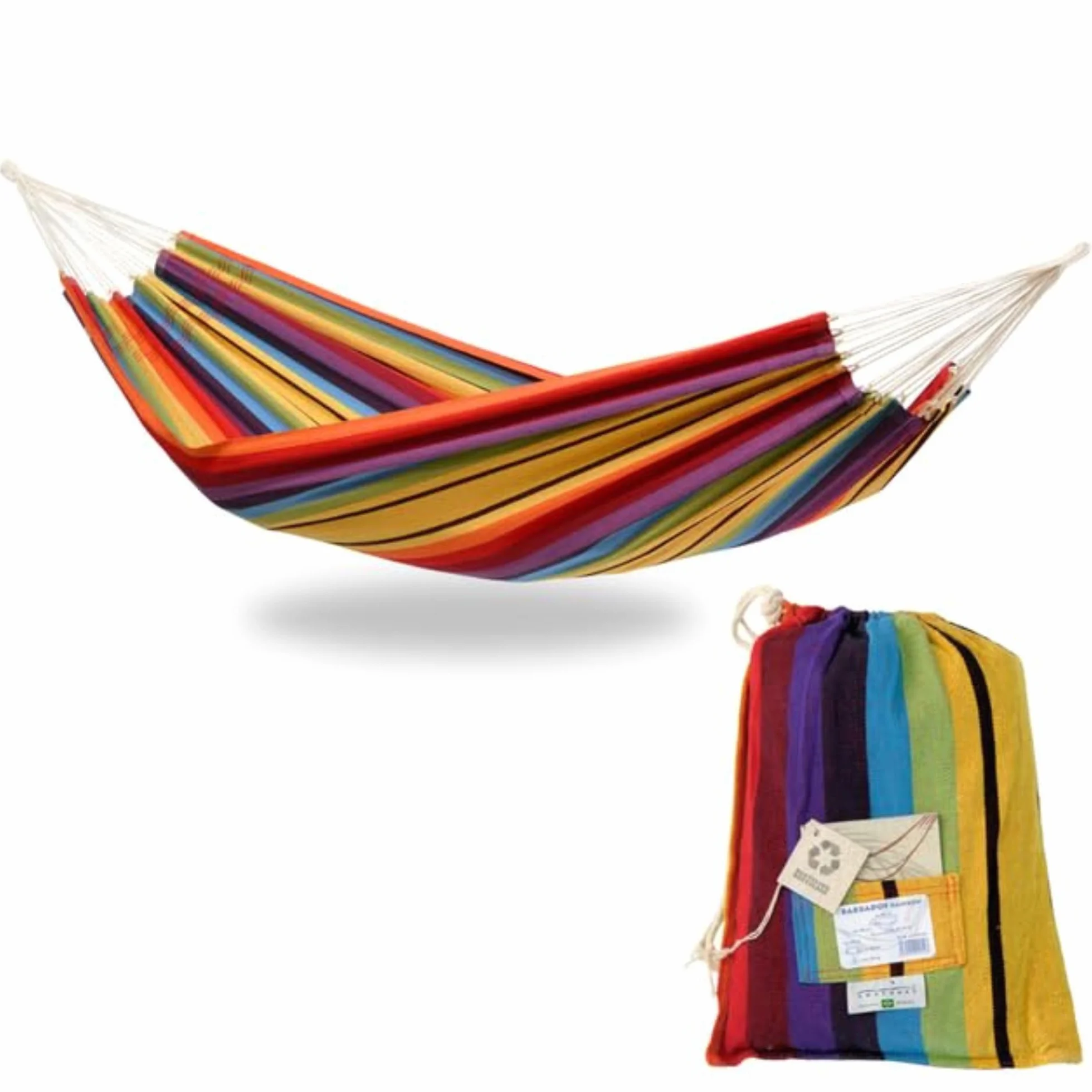 AMAZONAS Hamac classique XL Barbados Rainbow fait à la main au Brésil jusqu'à 200 kg de capacité de charge avec 230 x 150 cm pour 1-2 personnes en rayures multicolores longueur totale 340 cm