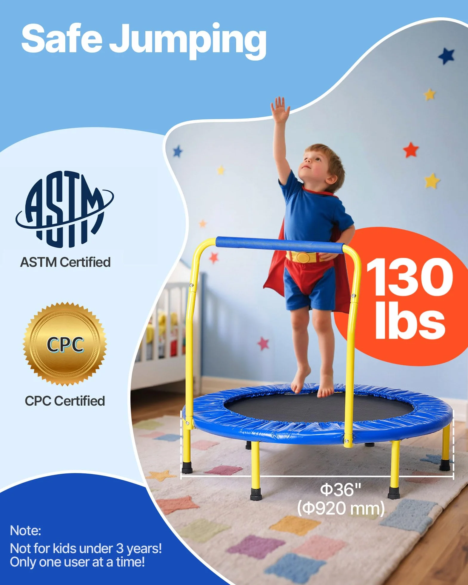 VEVOR Trampoline pour Enfants 92 cm Mini Trampoline Extérieur Intérieur Pliable pour Tout-Petits avec Poignée Mousse Trampoline Récréatif Exercices Cadeau d'anniversaire pour Enfants de 3 Ans et Plus