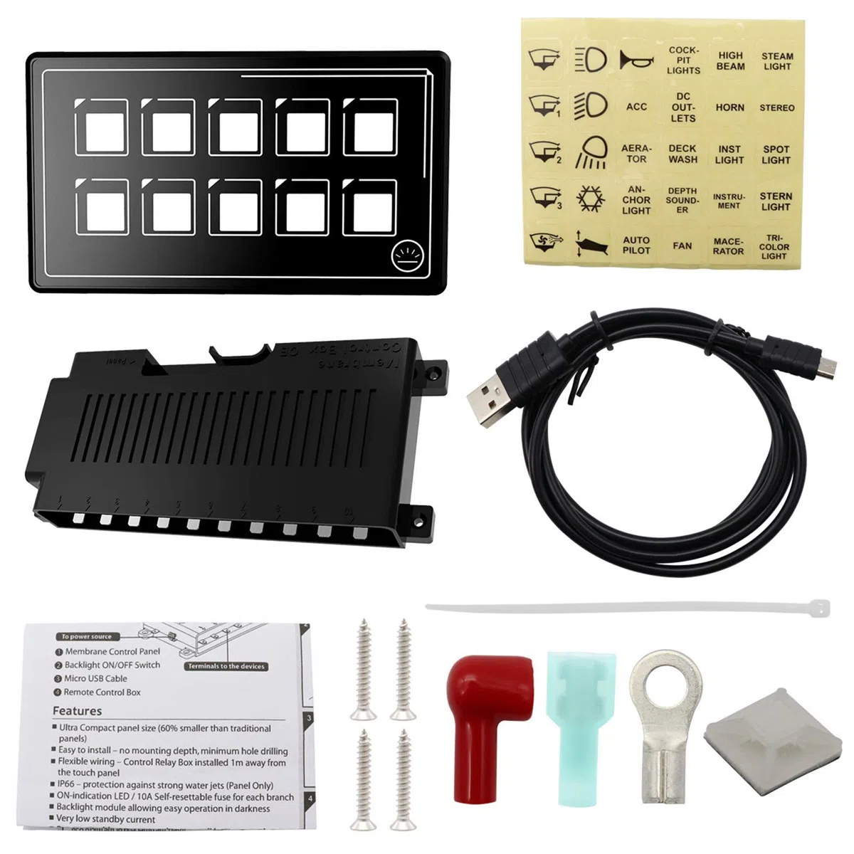 Panneau de commande, membrane 10P Contrôle d'application Blue tooth avec module de rétroéclairage, harnais et étiquettes autocollantes LED tactile PPTC intégré pour bateau de camping-car