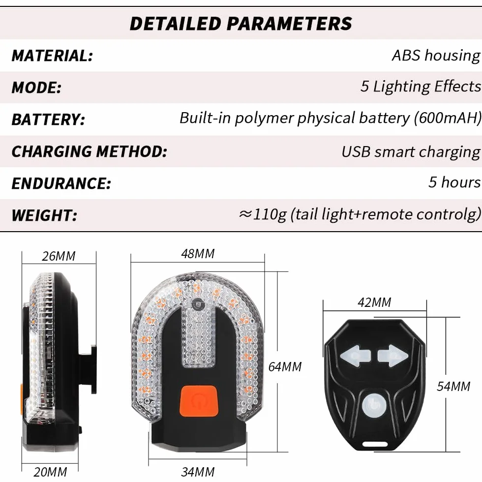 Feu arrière de vélo télécommande USB rechargeable clignotant avec alarme 5 modes lumineux étanche avant arrière jaune rouge
