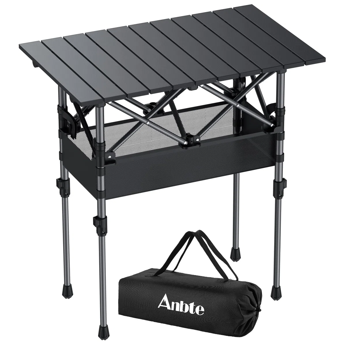 Anbte Table de Camping 64 cm Pliable, 2 Hauteurs Réglables, Aluminium avec Panier de Rangement et Sac, Étanche, Légère 64 x 40 cm, pour Barbecue, Pique-Nique, Voyage Extérieur, Noire