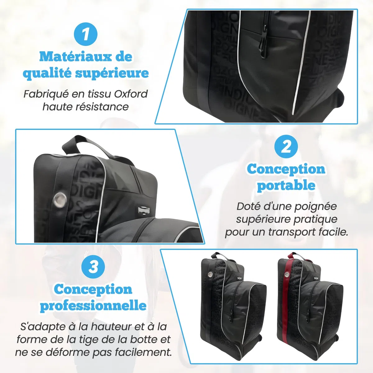 Pack Équestre, Sac de Transport Grande Capacité pour Bottes d'Équitation, Rangement Équestre en Tissu Oxford, Sac à Bottes Hautes avec Poignée pour Sport/Maison/Compétition/Équitation, Total Noir