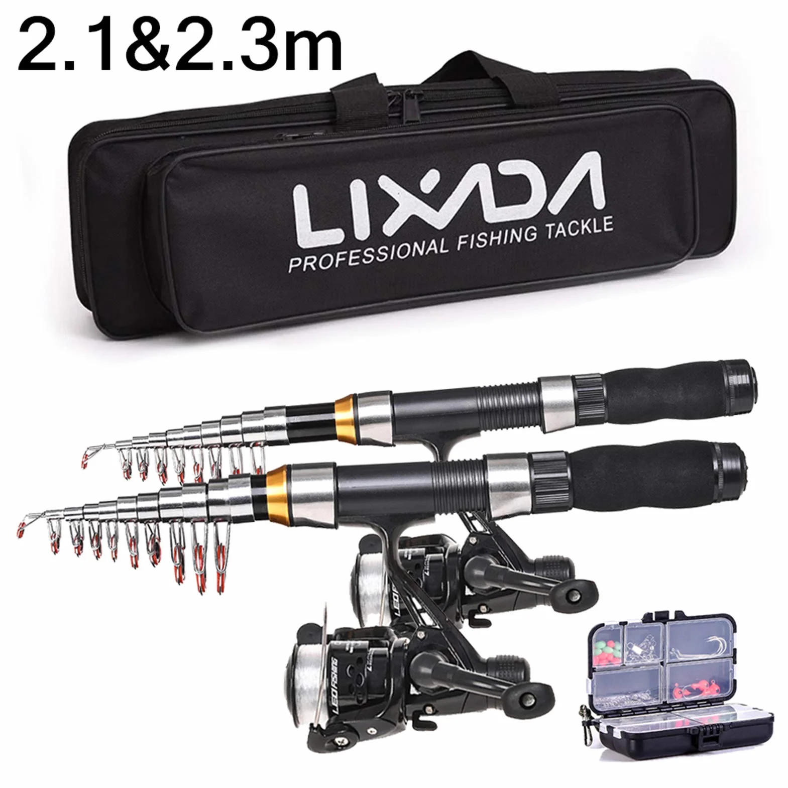 LIXADA Set Canne à Pêche Télescopique Canne à Pêche Set avec 2,1/2,3 m Cannes à Pêche Télescopiques Moulinets de Pêche Leurres & Ligne & Crochets & Flotteurs, Kit de Canne à Pêche