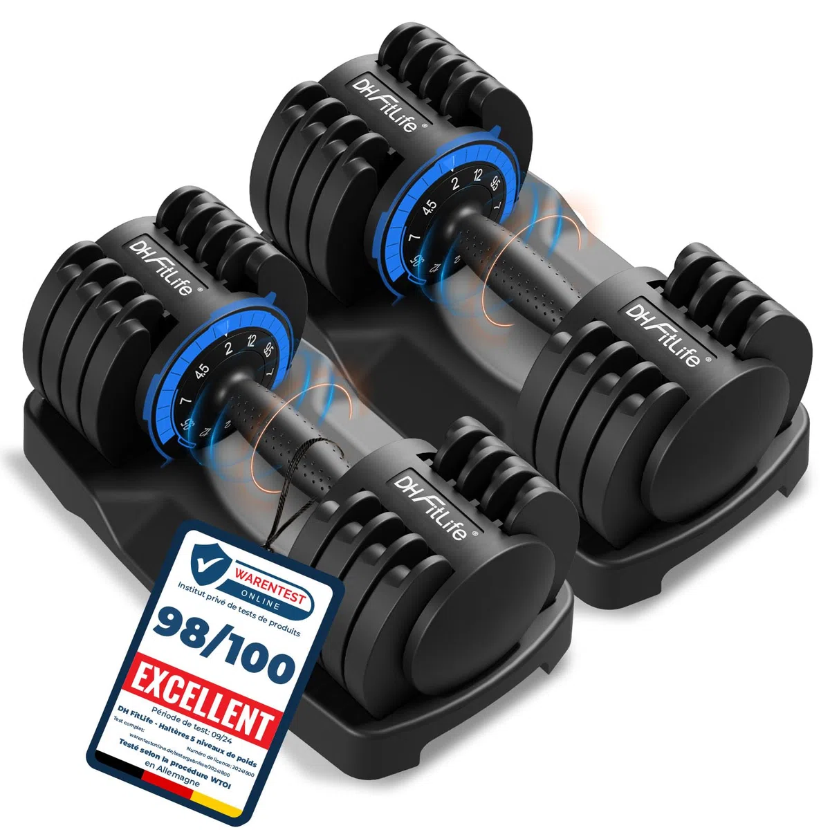 DH FitLife Lot de 2 haltères réglables de 12 kg - 2 à 12 kg - Avec 5 niveaux de poids - Avec disques d'haltères - Haltères courts réglables - Poids variable 5 en 1