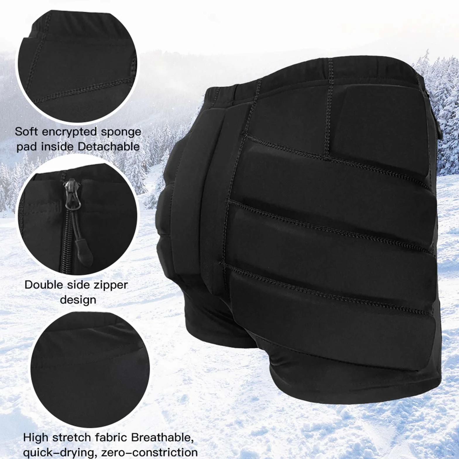 Short rembourré protection hanches fesses coccyx snowboard skate ski amovible respirant