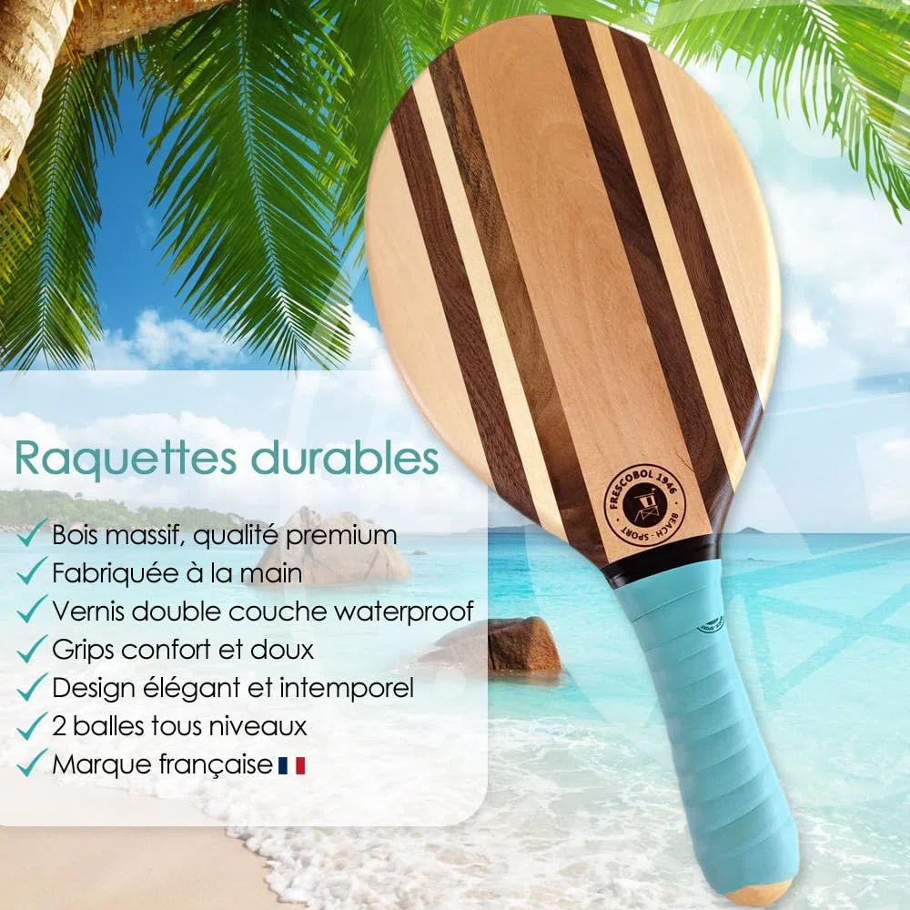 Raquette de Plage | Frescobol Beach Tennis | Jeu de Plage Bois | Jeu de Raquette de Plage Pro | Set Raquettes Frenchie 2 Raquettes 2 balles 1 Sacoche néoprène