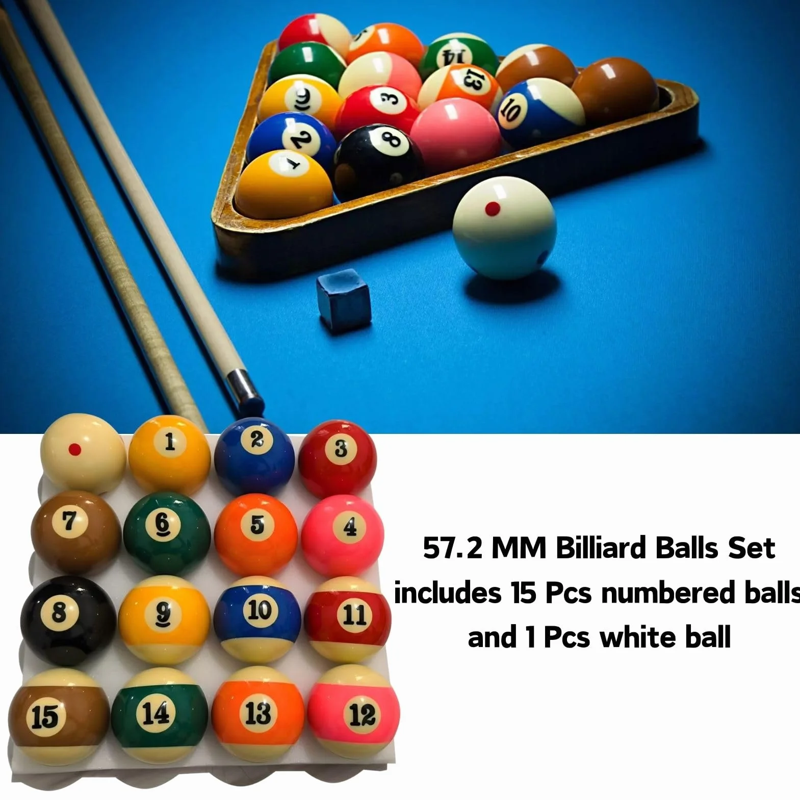 Jeu de Boules de Billard 57,2 mm 16 Pièces, Jeu Complet Boule de Billard en Résine pour Compétition et Loisir