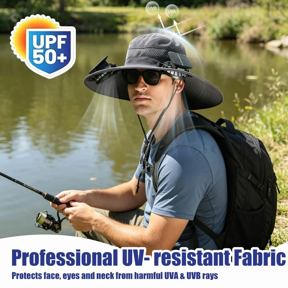 Chapeau de Soleil, Chapeau de Pêche avec 2 Ventilateur Solaire, Chapeau de Fan Solaire à Bord Large, Générique Chapeau de Fan Solaire pour Activités de Plein Air comme la Randonnée Jardinage