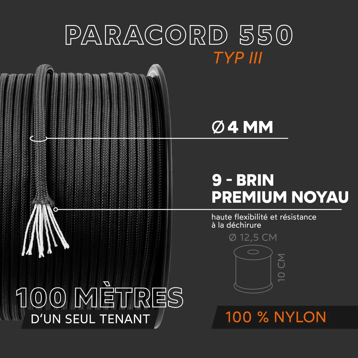 GO!elements Paracorde en Ficelle Nylon - 4mm Paracorde 550 Typ III Corde - approprié en Fil de Peche Nylon, Filet éthologique, etc. | Max. 250kg