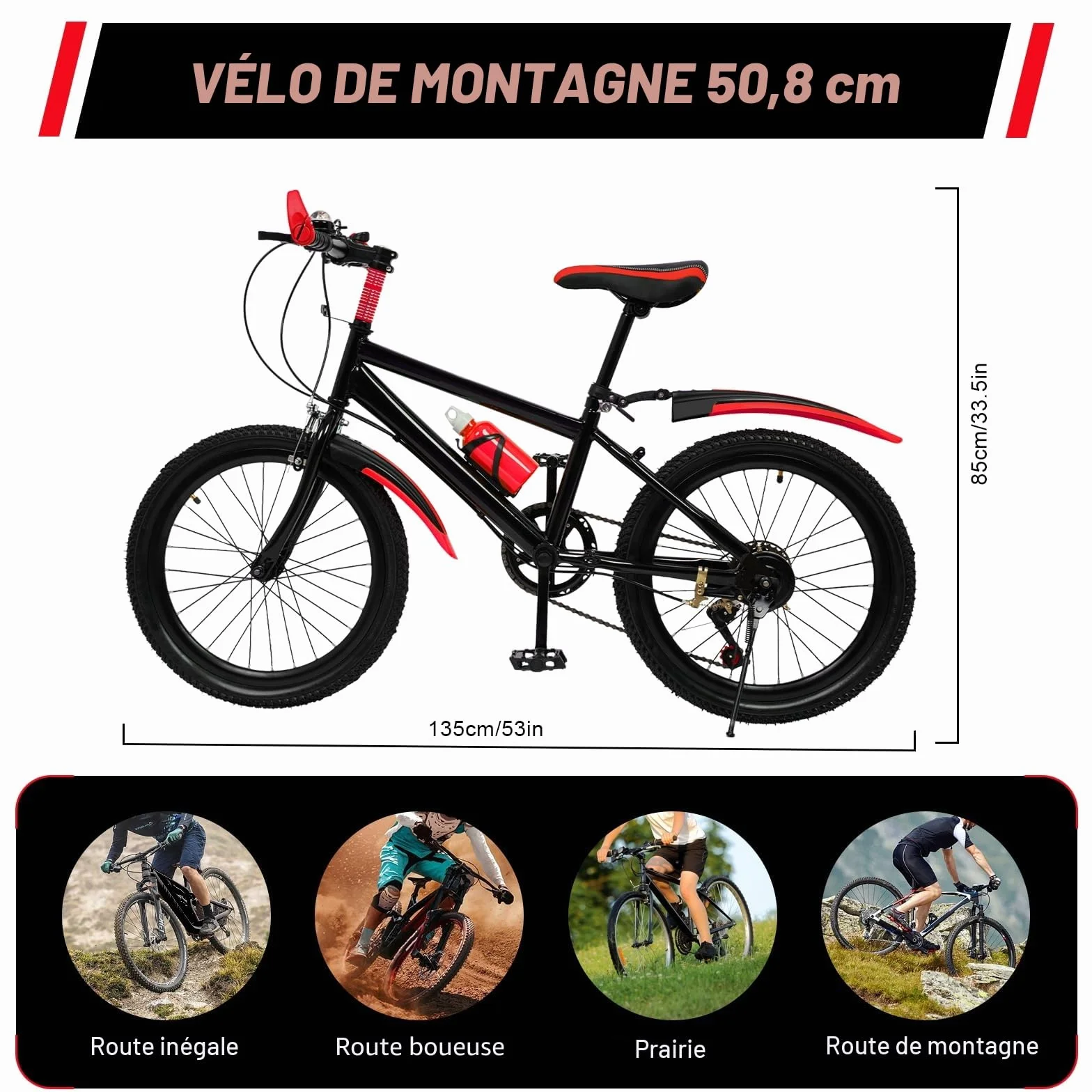 VTT 20" à 7 vitesses moderne, pour garçons et filles de 8 à 13 ans, VTT avec 4 gardes, support, cloche de boussole, sac de rangement pour bouteille d’eau, capacité de charge 85 kg, cadre