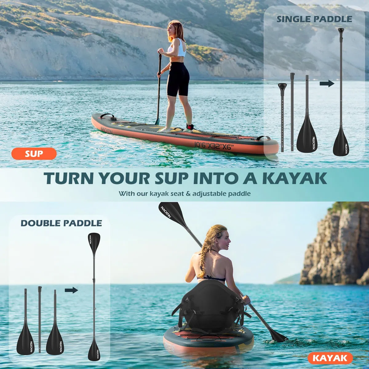 Paddle Gonflable Adulte, NACATIN 10'6" Stand Up Paddle Gonflable avec Pagaie Réglable, Pompe, Sac à Dos, Sac Étanche, Idéal pour Tous Les Niveaux de Compétence (Siège de Kayak Optionnel Disponible)