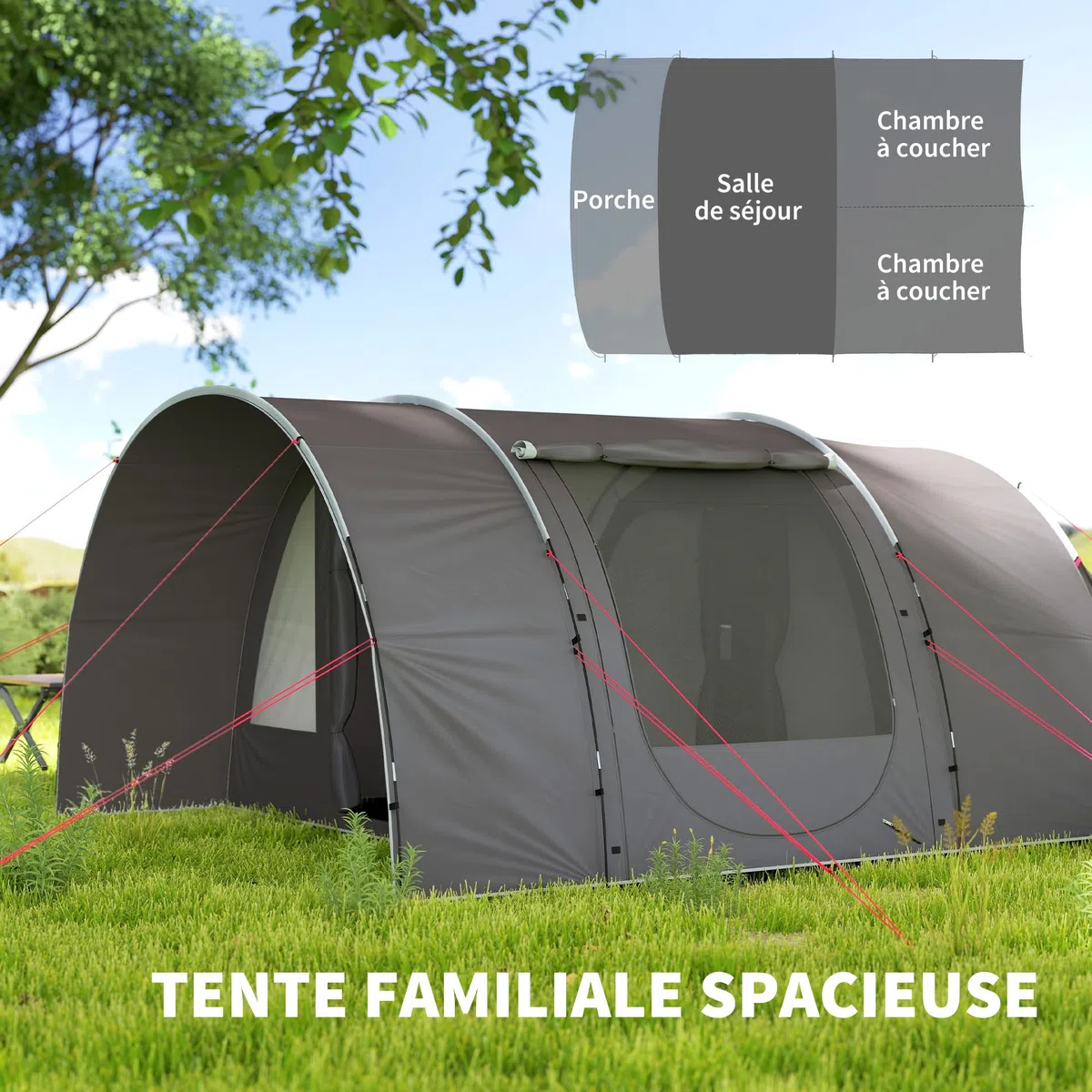 Outsunny Tente de Camping avec Porche pour 4 à 6 Personnes, Tente Tunnel familiale légère ventilée étanche 5 000 mm Montage Facile, Sac de Transport et Tapis Inclus, pour randonnée Trekking, Gris