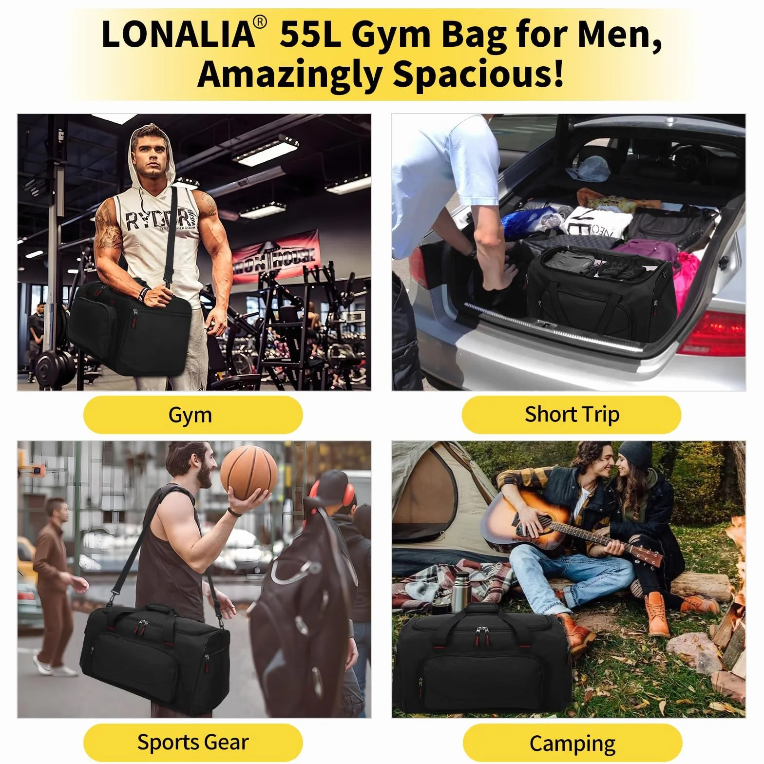 Grand Sac de Sport Homme 55L - Sac de Fitness Voyage Gym - Noir