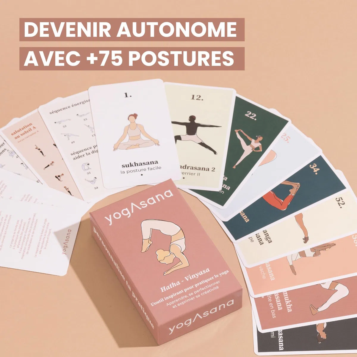 Yogasana Jeu de Carte français 80 Cartes - Hatha Vinyasa - Tous Niveaux - Guide de séquences pour se perfectionner en autonomie - 75 Postures
