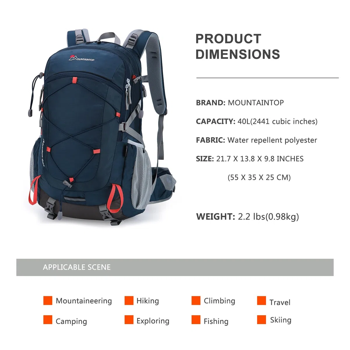 MOUNTAINTOP Sac à dos de randonnée 40 l résistant à l'eau Sac à dos de trekking pour homme et femme Sac à dos de voyage 55 x 35 x 25 cm