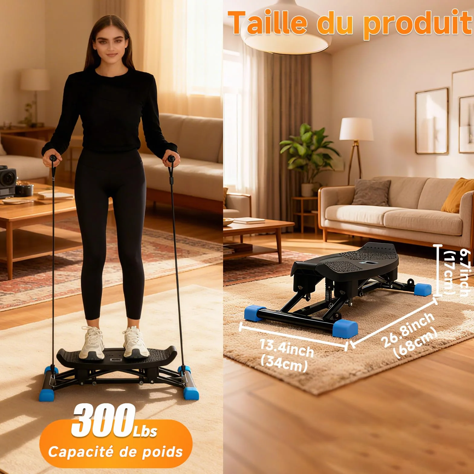 Entraîneur d'équilibre - Machine de ski simulée - Tapis de course aérobique à résistance - Stepper portable - Supporte 136 kg - Exercice silencieux complet du corps - Avec affichage LED.