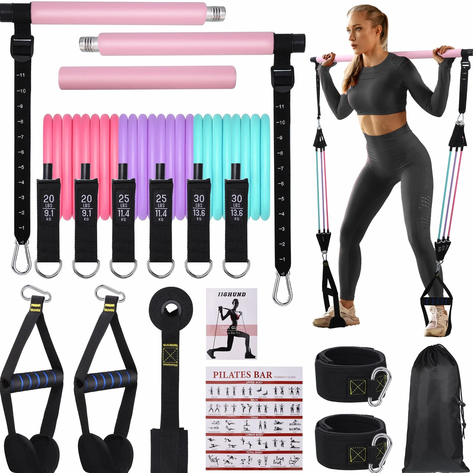 Kit Barre de Pilates avec 6 Bandes de Résistance Élastique, Musculation pour Homme et Femme, Yoga Fitness