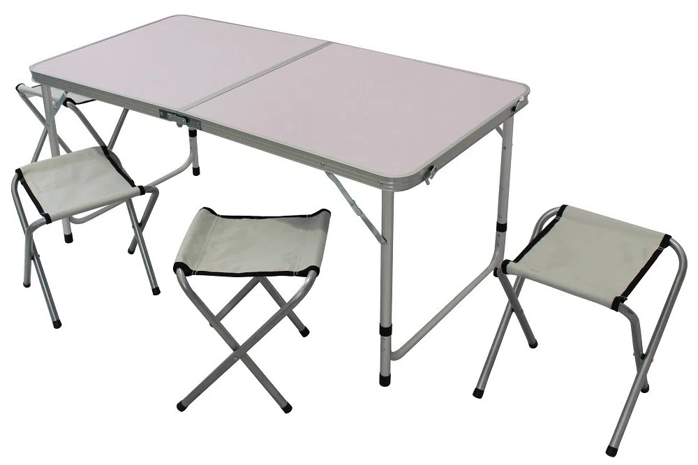 BAKAJI Table de Camping 120 x 60 cm réglable en Hauteur et Pliable - Format Valise, Facile à Transporter, idéale pour Jardin, Plage, Pique-Nique - avec 4 tabourets pliants en Aluminium